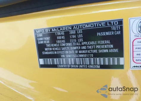 2022 Mclaren Gt Coupe z USA, uszkodzony, nr VIN SBM22GCA3NW001770